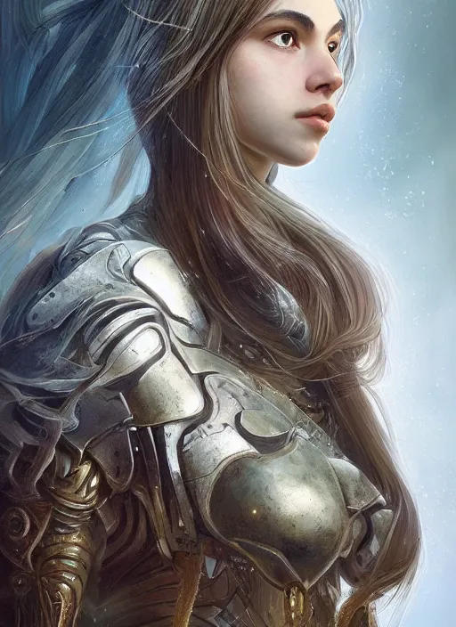 Image similar to a professional portrait of a beautiful young female, clothed in ethereal battle armor, olive skin, long dark hair, beautiful bone structure, symmetrical facial features, intricate, elegant, digital painting, concept art, smooth, sharp focus, finely detailed, illustration, from Valerian and the City of a Thousand Planets, in the style of Ruan Jia and Mandy Jurgens and Artgerm and Greg Rutkowski and William-Adolphe Bouguerea