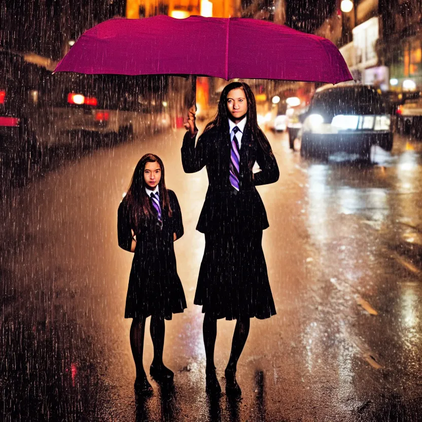 Prompt: night flash portrait photography of a high school girl in uniform on the lower east side by annie leibovitz, colorful, nighttime!, raining!