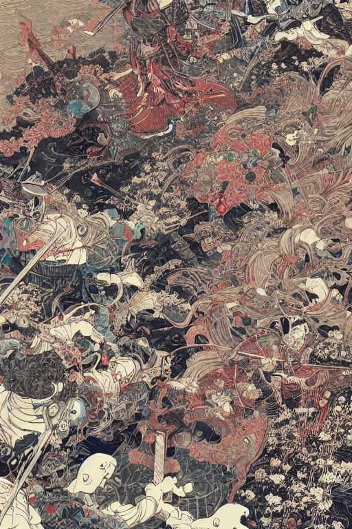 Prompt: hyper detailed illustration of a samurai battle by james jean, yoshitaka amano and victo ngai
