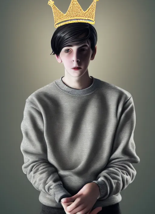 Image similar to portrait of teenage jughead jones wearing a light grey crown, photorealistic, crown, eyes closed, crown, black hair, sweater with letter s on it, letter s, intricate, elegant, glowing lights, highly detailed, digital painting, artstation, concept art, smooth, sharp focus, illustration, art by wlop, mars ravelo and greg rutkowski