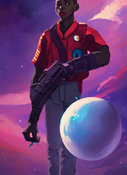 Image similar to space soldier, handsome black male character in front of exploding nebulae, 2d game fanart behance hd by Jesper Ejsing, by RHADS, Makoto Shinkai and Lois van baarle, ilya kuvshinov, rossdraws global illumination