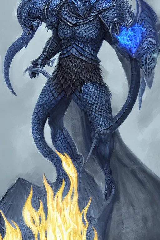 Prompt: a D&D character of a dark blue dragonborn with large tusks, only half of his face flaming with blue flame, he wears a black dragon scales armor, D&D art