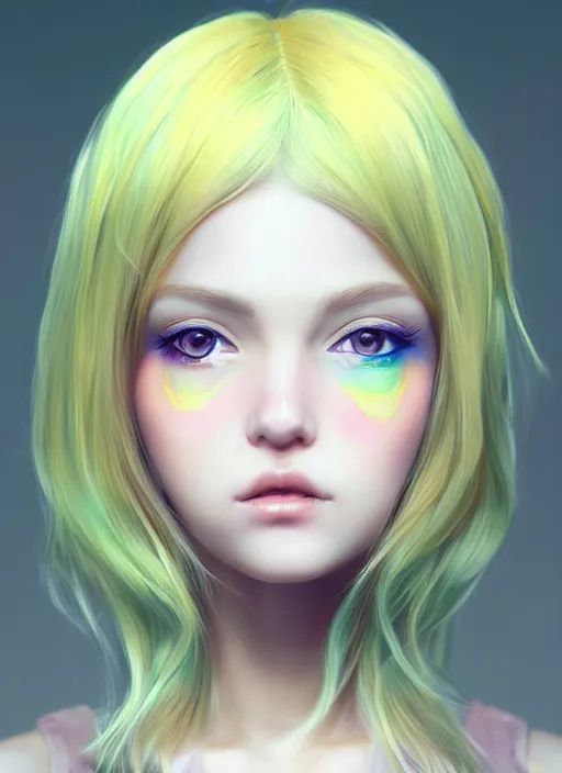 Image similar to the most beautiful cute anime girl portrait pastel yellow coloured hair, extremely detailed green eyes, professional 3 d visualisation in pastel colours, by wlop, intricate linework, trending on artstation, unreal engine 5 highly rendered