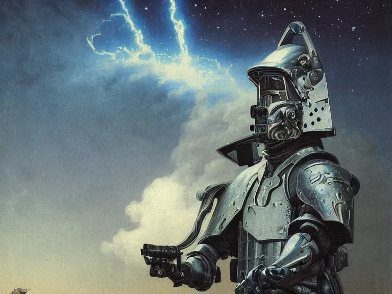 Image similar to a detailed profile painting of a bounty hunter in armour and visor, cinematic sci-fi poster. Cloth and metal. Welding, fire, flames, samurai Flight suit, anatomy portrait symmetrical and science fiction theme with lightning, aurora lighting clouds and stars. Clean and minimal design by beksinski carl spitzweg giger and tuomas korpi. baroque elements. baroque element. intricate artwork by caravaggio. Oil painting. Trending on artstation. 8k