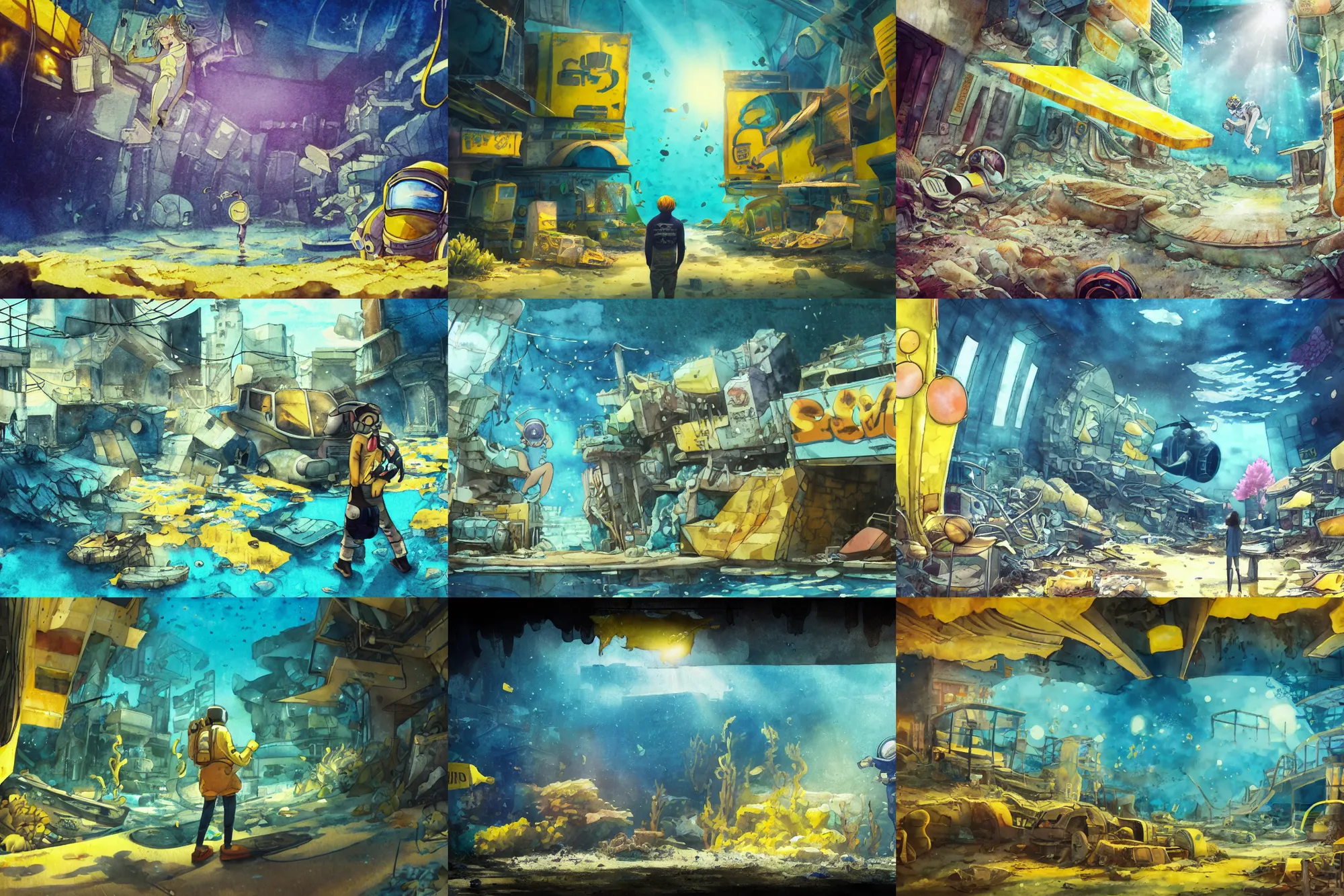 Prompt: incredible underwater movie scene, anime background, simple watercolor, harsh bloom lighting, rim light, astronaut exploring underwater abandoned city, paper texture, movie scene, distant shot of an underwater astronaut exploring, yellow graffiti in deserted dusty shinjuku junk town, yellow awning, old pawn shop, bright sun bleached ground