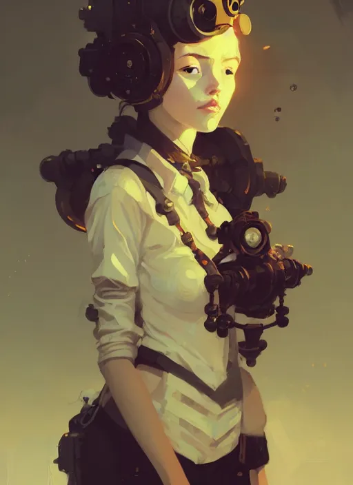 Image similar to portrait of cute maiden girl, steampunk by atey ghailan, by greg rutkowski, by greg tocchini, by james gilleard, by joe gb fenton, by in kaethe butcher, dynamic lighting, gradient light yellow, brown, blonde cream and white color in scheme, grunge aesthetic