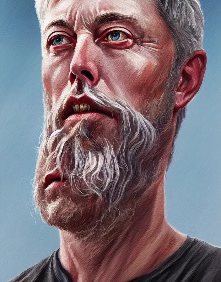 Image similar to painted portrait of rugged elon musk, asymmetrical, god of thunder, greek god, white hair, masculine, mature, handsome, upper body, muscular, hairy torso, fantasy, intricate, elegant, highly detailed, digital painting, artstation, concept art, smooth, sharp focus, illustration, art by steven zabata