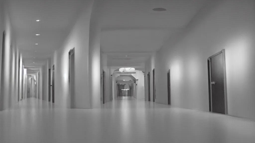 Image similar to stanley kubrick white hallway