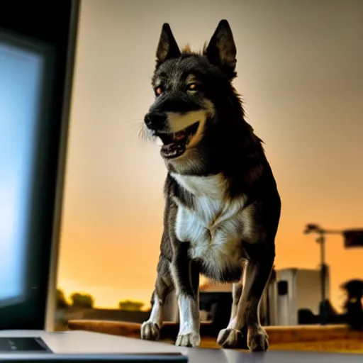 Prompt: barking angry dog on keyboard photo dramatic lighting