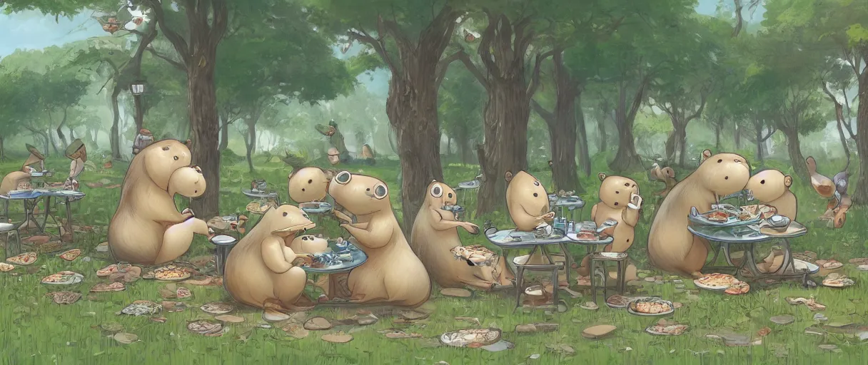 Image similar to a beautiful illustration of a strange anthropomorphic beaver robot hybrid having lunch in the park by James Jean | unreal engine:.6