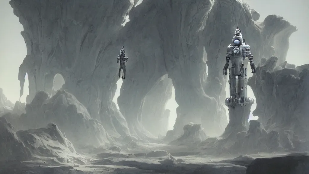 Image similar to futuristic organic spacesuit design by john schoenherr and jim burns, epic cinematic matte painting