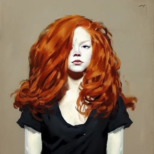 Image similar to greg manchess portrait painting of ginger girl!!! long curly hair!! black eyes!! evil, sad! with a ginger cat as overwatch character, medium shot, asymmetrical, profile picture, organic painting, sunny day, matte painting, bold shapes, hard edges, street art, trending on artstation, by huang guangjian and gil elvgren and sachin teng