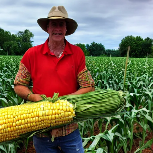 Prompt: proud farmer holding the world's largest corn