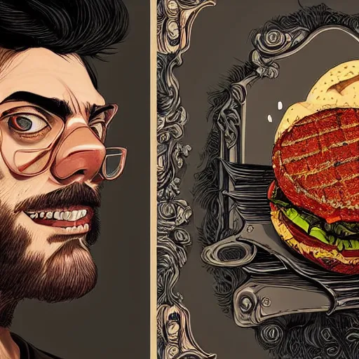 Prompt: beard man angry with italian burger. symmetrical anatomy, hyperdetailed, digital art, baroque, pop punk art style, poster style, illustration, fantasy, full body pictures, without duplication, dribble popular, unreal engine, drawn by ilya kuvshinov and vinicius gud and gustavo zambelli, intricate, balance rendered.