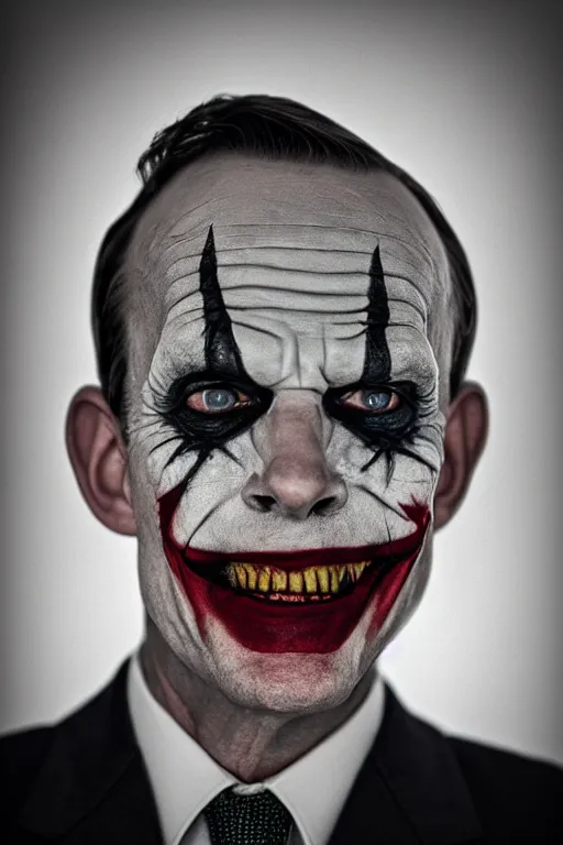 Prompt: Tony Abbott as the joker, portrait photograph, film grain