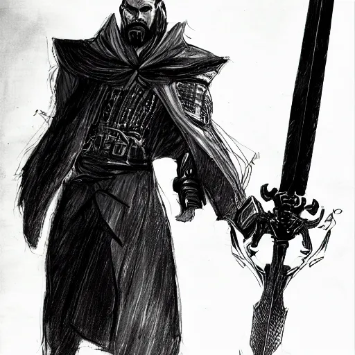 Image similar to concept art character, very high angle view, very attractive man with beard, highly detailed full body, strong masculine features, sturdy body, with a futuristic sword in the right hand, command presence, royalty, smooth, sharp focus, organic, appealing, book cover, deep shadows, by Dave McKean sketch lineart for character design