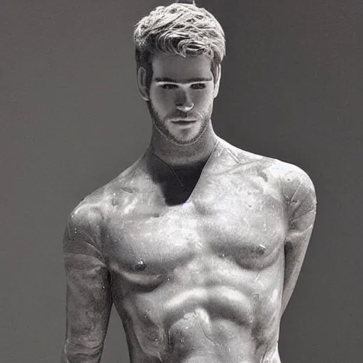 Image similar to “ a realistic detailed photo of a guy who is an attractive humanoid who is half robot and half humanoid, who is a male android, actor liam hemsworth, shiny skin, posing like a statue, blank stare, at the museum, on display ”