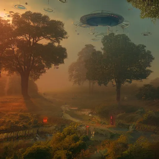 Prompt: scenery of a beautiful rural landscape at dawn with a big hovering steampunk space ship, in the style of simon stalenhag. light rays from the tree tops, small river on the ground, hypermaximalistic, high details, cinematic, 8 k resolution, beautiful detailed, insanely intricate details, artstation trending, octane render, unreal engine