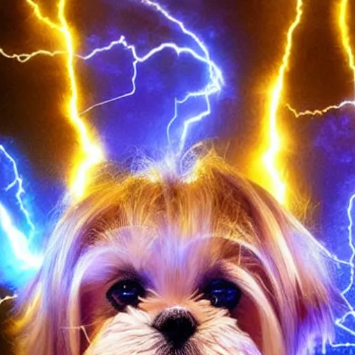 Image similar to Super Saiyan Shih Tzu, Gold Hair, Glowing, Lightning Arcs, Crackling, Blue, Blonde, Glowing, Dog