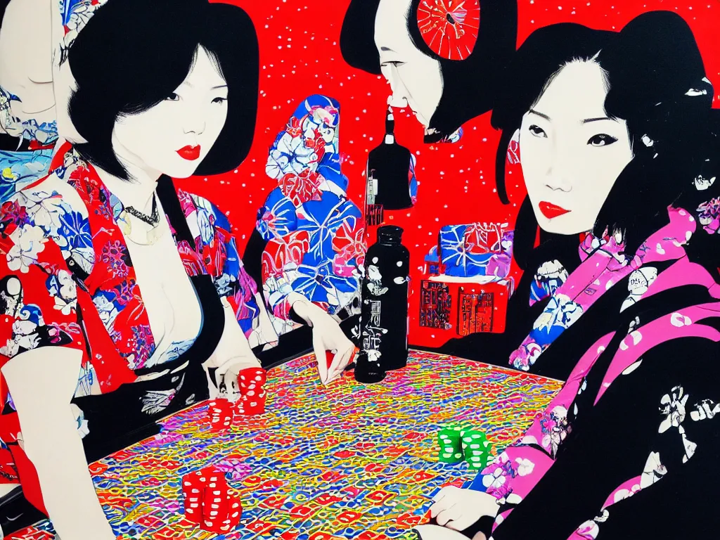 Image similar to hyperrealism composition of the detailed woman in a japanese kimono sitting at an extremely detailed poker table with darth vader, fireworks on the background, pop - art style, jacky tsai style, andy warhol style, acrylic on canvas