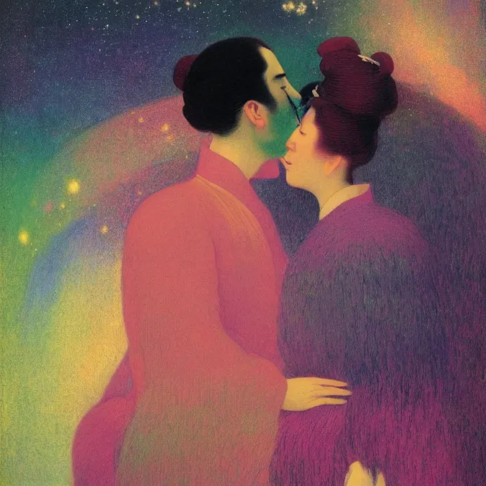 Image similar to close portrait of woman and man kissing. aurora borealis. iridescent, vivid psychedelic colors. painting by georges de la tour, agnes pelton, utamaro, monet