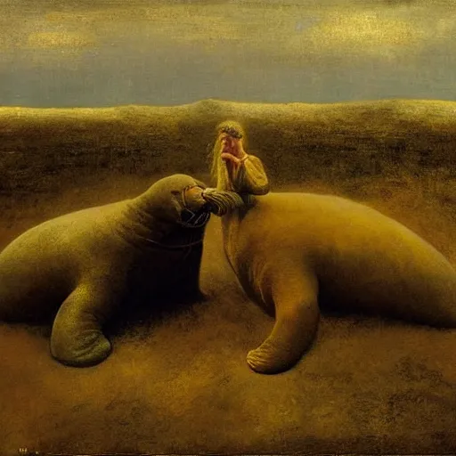 Image similar to the dream of the walrus and the human in oslo, by odd nerdrum, oil on canvas, 1 9 8 3, high resolution