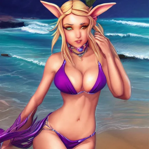 Image similar to beautiful elf princess in a bikini on the beach drawn by artgerm