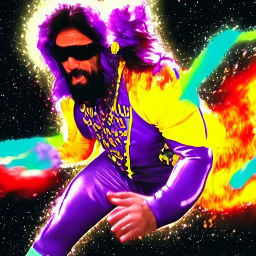 Image similar to Macho Man Randy Savage falling from space. Reentry burn, outer space, elbow drop, Extreme wide shot, long shot, High Quality, 4k