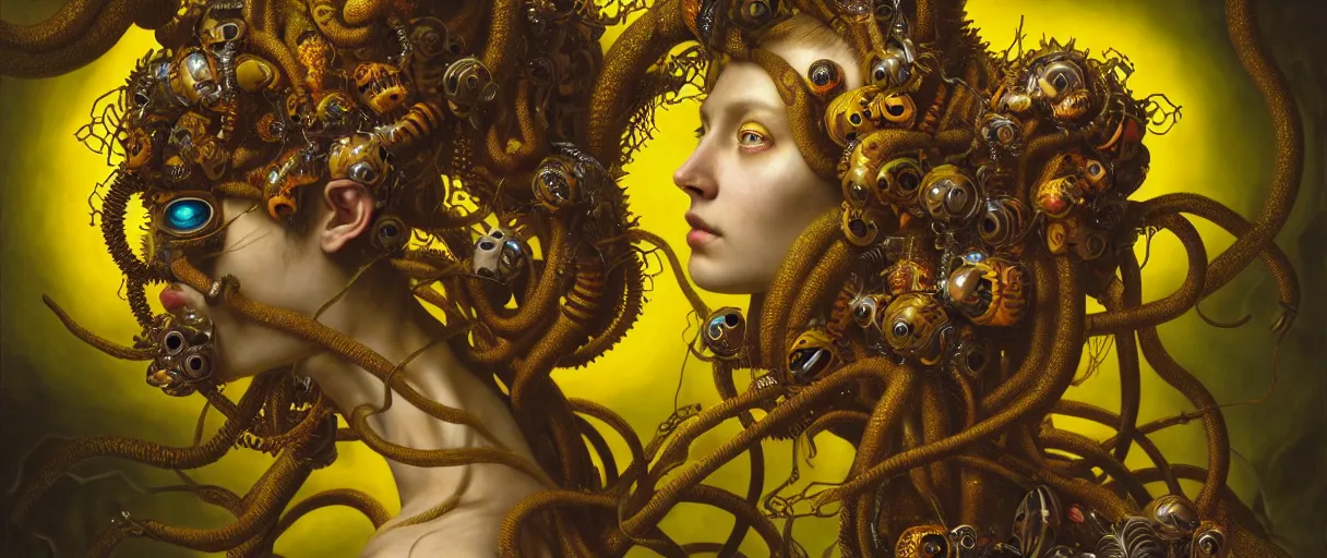 Prompt: hyperrealistic hyper detailed neo-surreal 35mm portrait of rococo cyborg medusa symmetrically covered in butterflies matte painting concept art hannah yata dali very dramatic yellow lighting low angle hd 8k sharp shallow depth of field