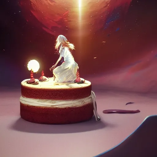 Image similar to a birthday cake made of the fabric of space, art by artgerm and greg rutkowski and alphonse mucha, concept art, octane render, unreal engine 5, highly detailed, high quality, 8 k, soft lighting, realistic face, path traced