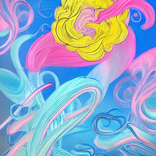 Prompt: a swirl of pastel color with large painting strokes with flowers flying through a blue and pink sky 3 d art abstract, art nouveau 3 d, baroque, expressionism, illustration, lowbrow, manga, pop