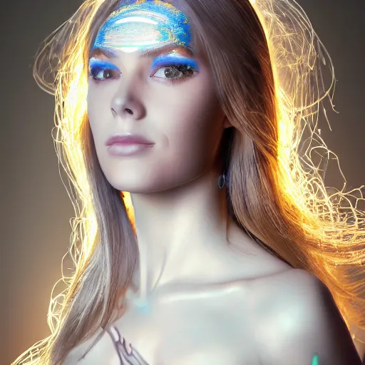 Prompt: beautiful Fine art photo of enraptured young Marta Sanchez as a solarpunk robotic goddess, white mechanical parts with led lights, photorealistic, centered, torso and face, highly detailed and intricate, sunset lit, 8k