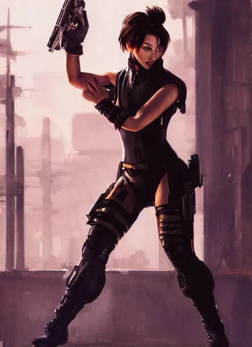 Image similar to chun li high kick. cyberpunk police trooper in a military vest ( blade runner 2 0 4 9, cyberpunk 2 0 7 7 ). orientalist portrait by john william waterhouse and james gurney and theodore ralli and nasreddine dinet, oil on canvas. cinematic, hyper realism, realistic proportions, dramatic lighting, high detail 4 k