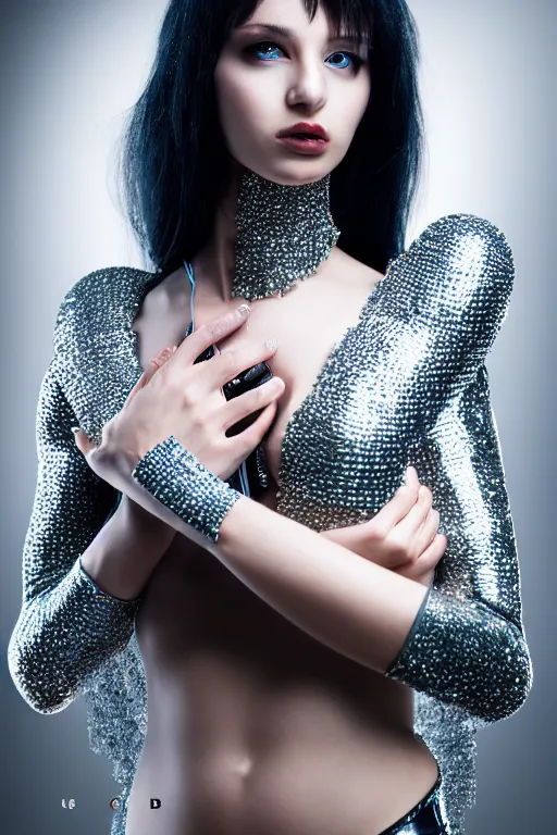 Prompt: beautifull cyberpunk woman model, wearing crystal armor, cables, luxury materials, symmetrical, cinematic, elegant, professional studio light, real dlsr photography, sharp focus, 4 k, ultra hd, sense of awe, high fashion