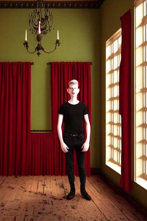 Image similar to androgynous male with black short hair and pale skin is standing in front of a mirror surrounded by victorian interior in a room with tall windows dark red curtains and moos green flooring by leonardo da vinci. volumetric lighting, petspective room layout