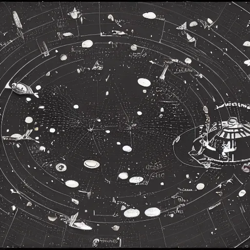 Image similar to a space junkyard forming a tilted disk in black starless space, a graveyard of space stations and giant space structures, dark sci - fi game map with solid black background