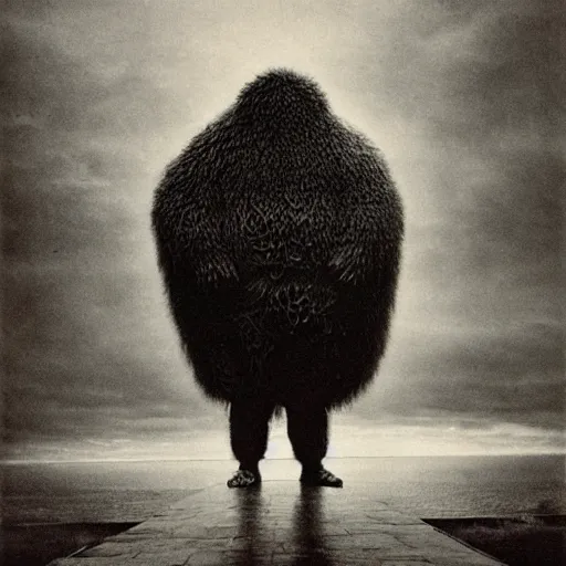 Prompt: vintage photography of A long 100 armed faceless beast-god, a huge body covered with deep furs by Zdzisław Beksiński, dark fantasy, detaling,