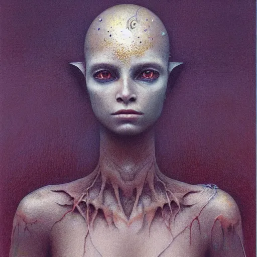 Prompt: portrait of ethereal teen goblin princess in golden armour by Beksinski