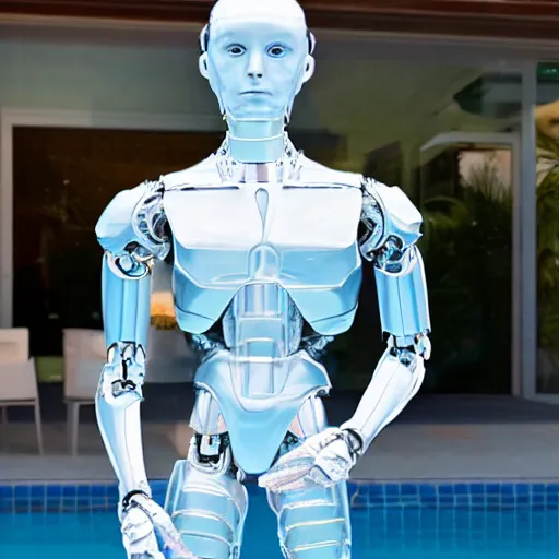 Image similar to made of ice, a realistic detailed photo of a guy who is an attractive humanoid who is half robot and half humanoid, who is a male android, on display, blank stare, showing off his muscles, shiny skin, posing like a statue, by the pool, frozen ice statue, twitch streamer / gamer ludwig, humanoid robot