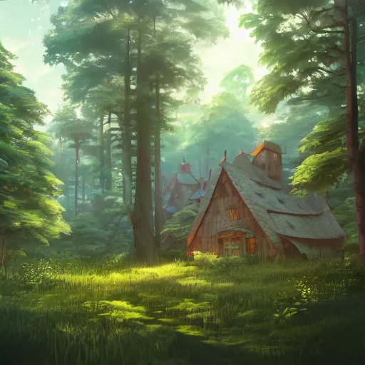 Prompt: concept art painting of houses made out of trees, in a deep forest, realistic, detailed, cel shaded, in the style of makoto shinkai and greg rutkowski and james gurney