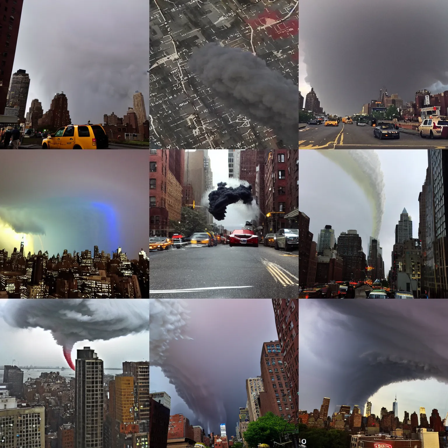 Prompt: color photograph of tornado funnel cloud in nyc 2015