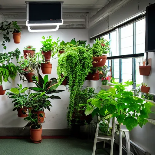 Prompt: a classroom with plants as students, photography,