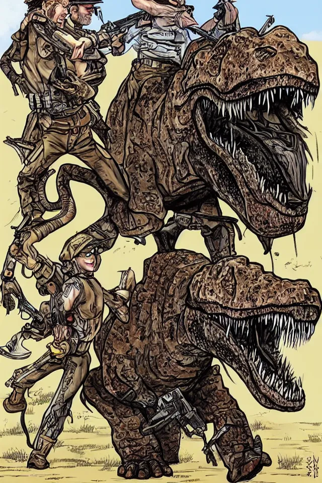 Prompt: trex and an armed hunter, art style ben garrison!!!!!!!!!!!!!!!! drawn by ben garrison, iconic, masterpiece, ornate and detailed, cartoon