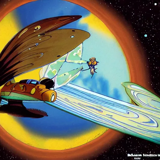 Image similar to a mouse with clockwork wings flying past Jupiter, Don Bluth