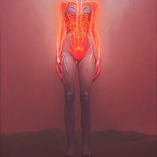 Image similar to Portrait Masterpiece, Wanda Maximoff, extremely skinny, red, glowing, wires everywhere, by Edgar Maxence and Ross Tran, Zdzisław Beksiński, and Michael Whelan, distant, gustav dore, H.R. Giger, 8k, octane render