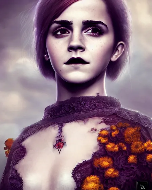 Prompt: full shot portrait painting of very beautiful emma watson as dark evil goth lace, character design by mark ryden and pixar and hayao miyazaki, unreal 5, daz, hyperrealistic, octane render, cosplay, rpg portrait, dynamic lighting, intricate detail, harvest fall vibrancy, cinematic