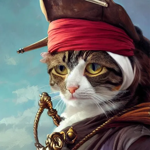 Image similar to Portrait of a Cat as a Pirate, photo, highly detailed oil painting, photorealistic, highly detailed, digital painting, artstation, concept art, smooth, sharp focus, illustration, art by artgerm and greg rutkowski and alphonse mucha