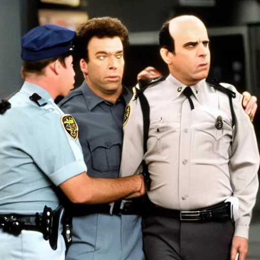 Image similar to 8k photo George Costanza being arrested by Kramer on an episode of Seinfeld,