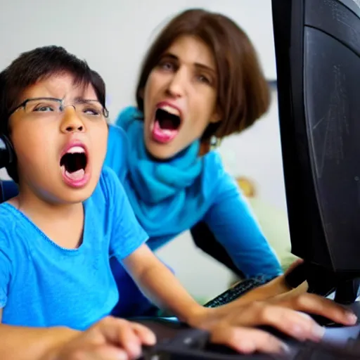 Prompt: Mother shout on her child who play computer games