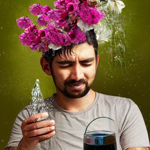 Image similar to man pouring water on head, flowers are in a pot on his head, the pot is part of his head, high detail, 8K digital art